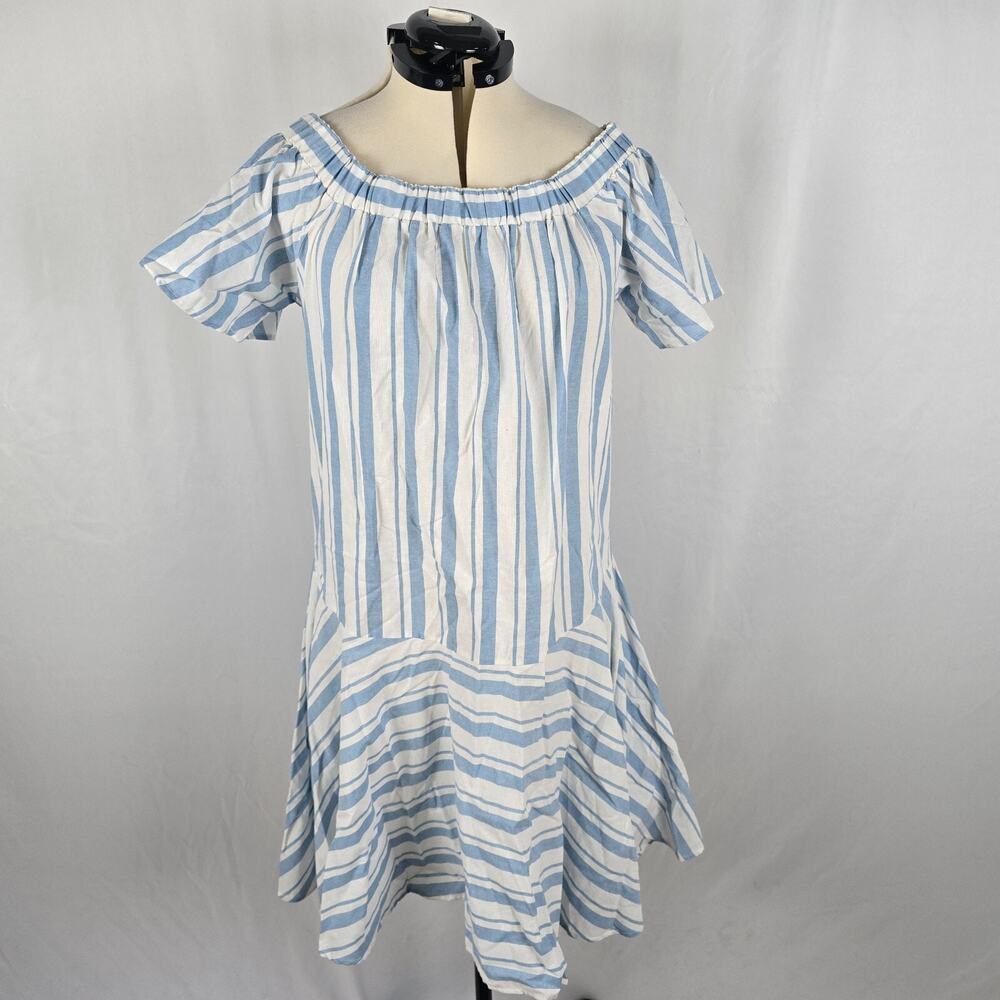 Miracle Berry Dress Women's L Blue & White Striped Tiered Short Sleeve Ruffles